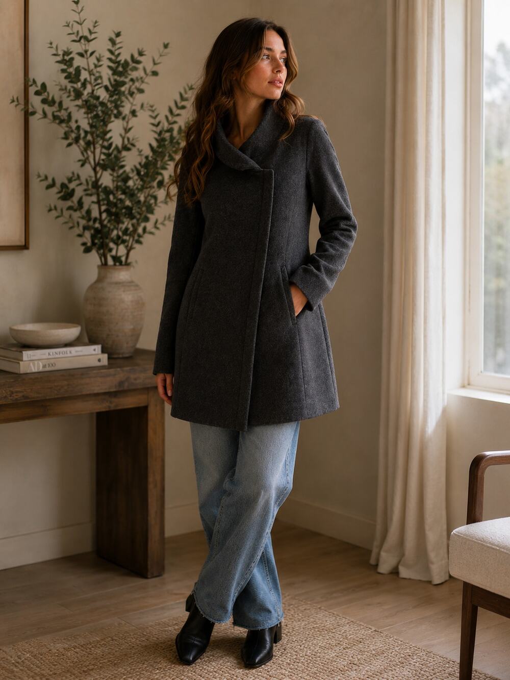 Eileen Fisher Wool Coat Funnel Neck Asymmetric Minimalist Womens XS Chic